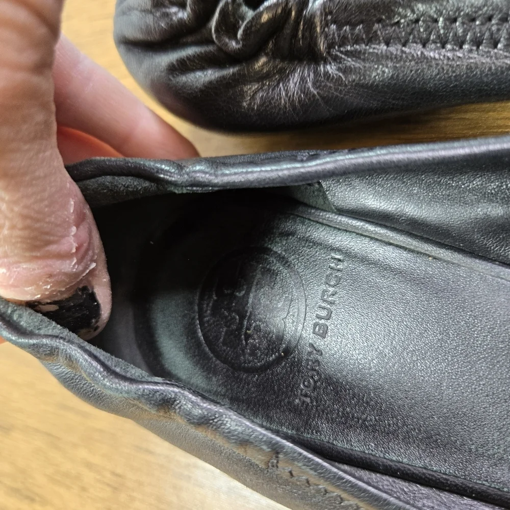Tory Burch Reva Black Leather Ballet Flats Gold Logo Hardware